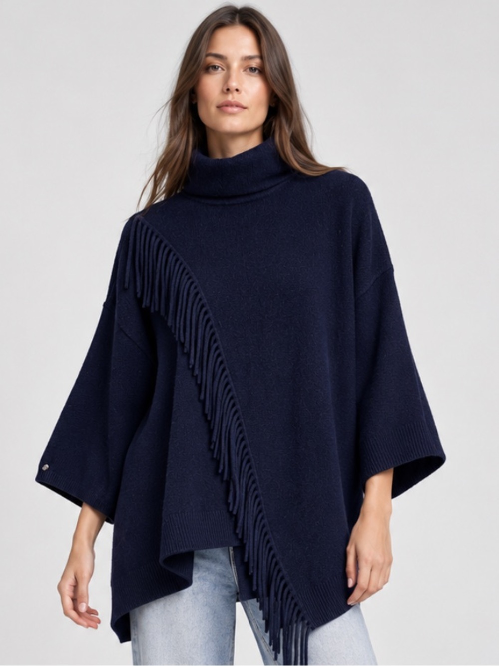 Zynni Cashmere Asymmetric Fringe Detail Turtleneck Sweater in Navy Blue